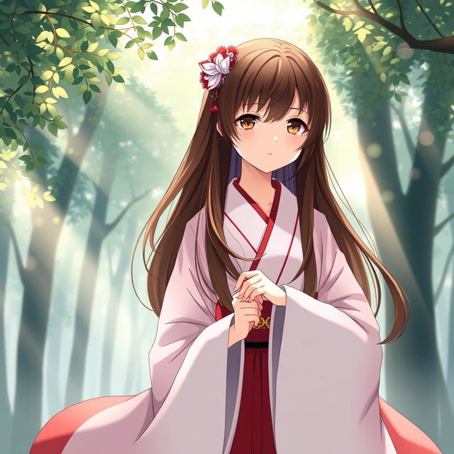 An enchanting anime-style illustration of a Shinto priestess, wearing a flowing red and white robe that showcases her cultural heritage