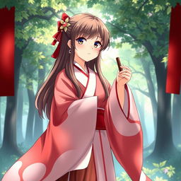 An enchanting anime-style illustration of a Shinto priestess, wearing a flowing red and white robe that showcases her cultural heritage