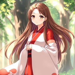 An enchanting anime-style illustration of a Shinto priestess, wearing a flowing red and white robe that showcases her cultural heritage