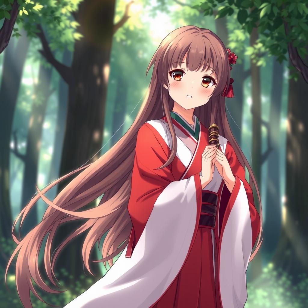 An enchanting anime-style illustration of a Shinto priestess, wearing a flowing red and white robe that showcases her cultural heritage