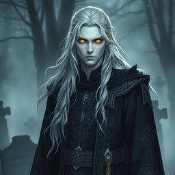 A male Haunted One Fallen Aasimar cleric with ghostly white skin standing in a misty graveyard