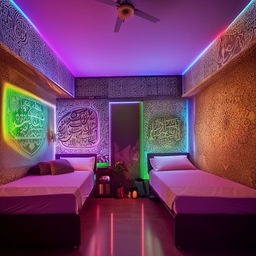 A 12 by 10 feet room housing two beds, a computer table, two windows acting as storage units, walls with intricate designs, a dedicated prayer area, and the room bathed in full RGB lighting