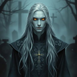 A male Haunted One Fallen Aasimar cleric with ghostly white skin standing in a misty graveyard