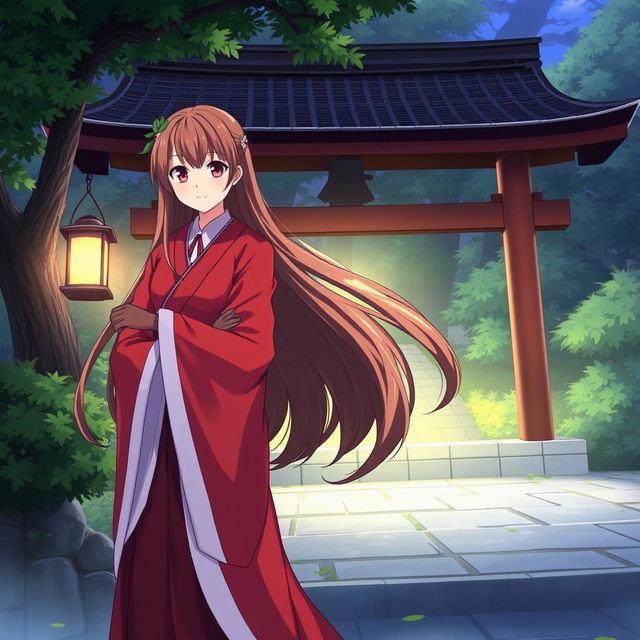 An anime-style illustration of a Shinto shrine priestess, wearing traditional red and white robes