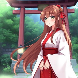 An anime-style illustration of a Shinto shrine priestess, wearing traditional red and white robes
