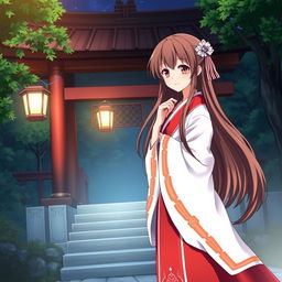 An anime-style illustration of a Shinto shrine priestess, wearing traditional red and white robes