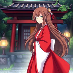 An anime-style illustration of a Shinto shrine priestess, wearing traditional red and white robes