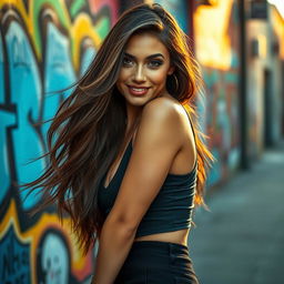 A stunningly attractive woman with long flowing hair, wearing a stylish and form-fitting outfit that accentuates her curves