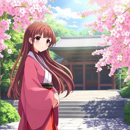A serene anime scene of a Shinto shrine priestess, dressed in traditional red and white robes