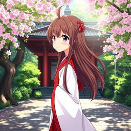 A serene anime scene of a Shinto shrine priestess, dressed in traditional red and white robes