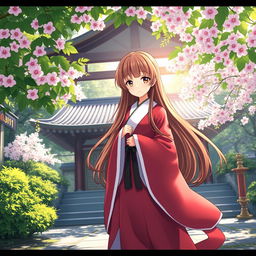A serene anime scene of a Shinto shrine priestess, dressed in traditional red and white robes