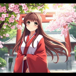 A beautiful anime-inspired Shinto shrine priestess wearing a traditional red and white robe, with long brown hair flowing elegantly
