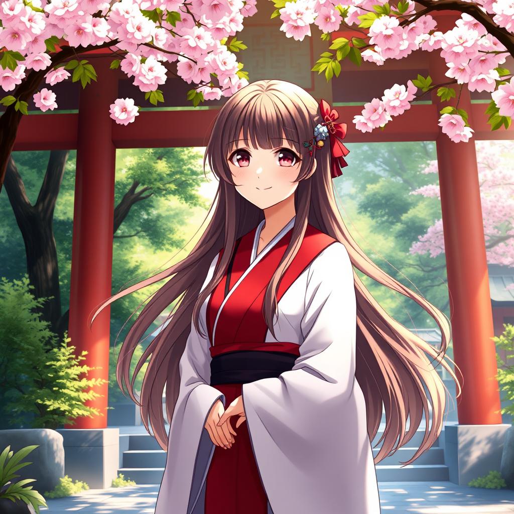 A beautiful anime-inspired Shinto shrine priestess wearing a traditional red and white robe, with long brown hair flowing elegantly