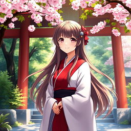 A beautiful anime-inspired Shinto shrine priestess wearing a traditional red and white robe, with long brown hair flowing elegantly