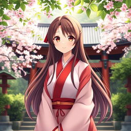A beautiful anime-inspired Shinto shrine priestess wearing a traditional red and white robe, with long brown hair flowing elegantly