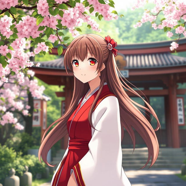 A beautiful anime-inspired Shinto shrine priestess wearing a traditional red and white robe, with long brown hair flowing elegantly