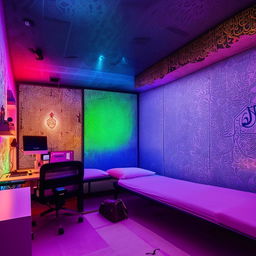 A 12 by 10 feet room housing two beds, a computer table, two windows acting as storage units, walls with intricate designs, a dedicated prayer area, and the room bathed in full RGB lighting