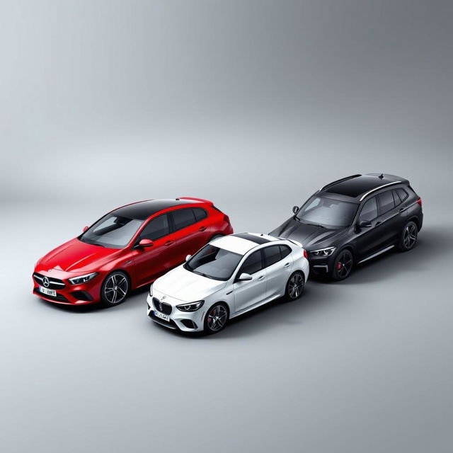 A striking automotive composition featuring a red Mercedes Clase A 200, a white Renault Megane, and a black BMW X3, all parked diagonally against a smooth, grayish background