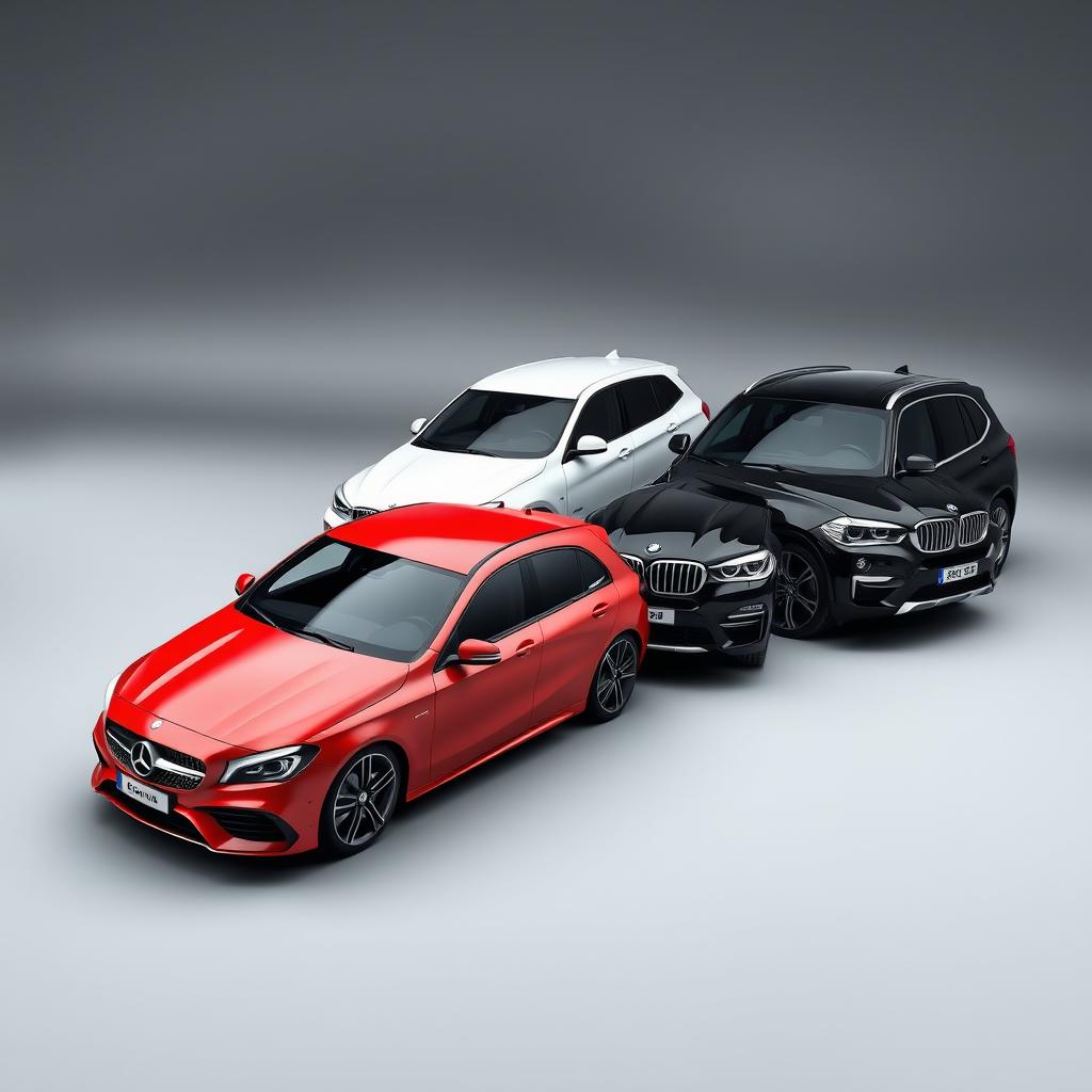 A striking automotive composition featuring a red Mercedes Clase A 200, a white Renault Megane, and a black BMW X3, all parked diagonally against a smooth, grayish background