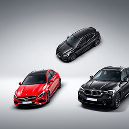 A striking automotive composition featuring a red Mercedes Clase A 200, a white Renault Megane, and a black BMW X3, all parked diagonally against a smooth, grayish background