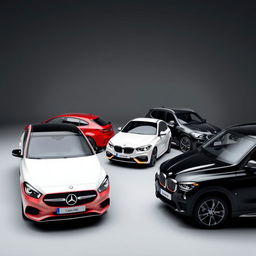 A captivating scene with a red Mercedes Clase A 200, a white Renault Megane, and a black BMW X3, all parked diagonally against a smooth, grayish-black background