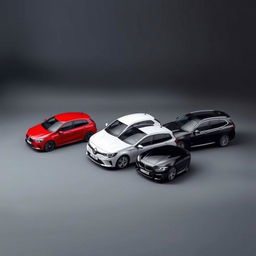 A captivating scene with a red Mercedes Clase A 200, a white Renault Megane, and a black BMW X3, all parked diagonally against a smooth, grayish-black background