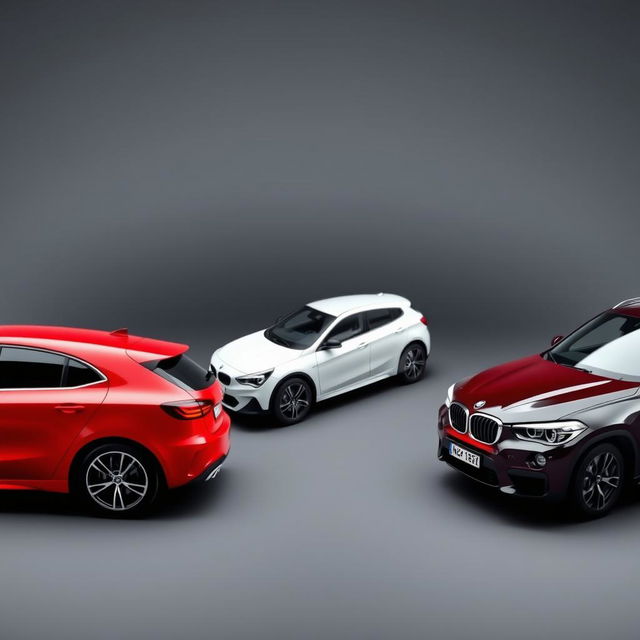 A captivating scene with a red Mercedes Clase A 200, a white Renault Megane, and a black BMW X3, all parked diagonally against a smooth, grayish-black background