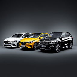 A stunning automotive display featuring a sleek white Mercedes Clase A 200, a vibrant yellow Renault Megane, and a sophisticated black BMW X3, all parked diagonally against a smooth, grayish-black background