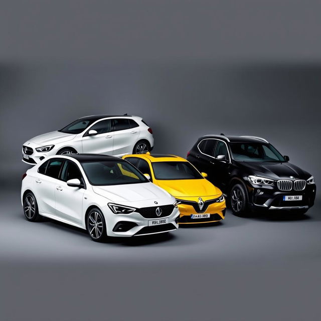 A stunning automotive display featuring a sleek white Mercedes Clase A 200, a vibrant yellow Renault Megane, and a sophisticated black BMW X3, all parked diagonally against a smooth, grayish-black background