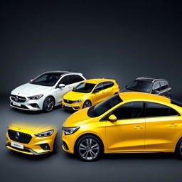A stunning automotive display featuring a sleek white Mercedes Clase A 200, a vibrant yellow Renault Megane, and a sophisticated black BMW X3, all parked diagonally against a smooth, grayish-black background