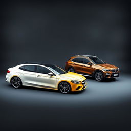 A stunning automotive display featuring a sleek white Mercedes Clase A 200, a vibrant yellow Renault Megane, and a sophisticated black BMW X3, all parked diagonally against a smooth, grayish-black background