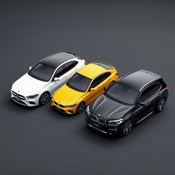 An elegant automotive scene featuring a sleek white Mercedes Clase A 200, a vibrant yellow Renault Megane, and a sophisticated black BMW X3, all parked diagonally on a smooth background that is subtly grayish-black