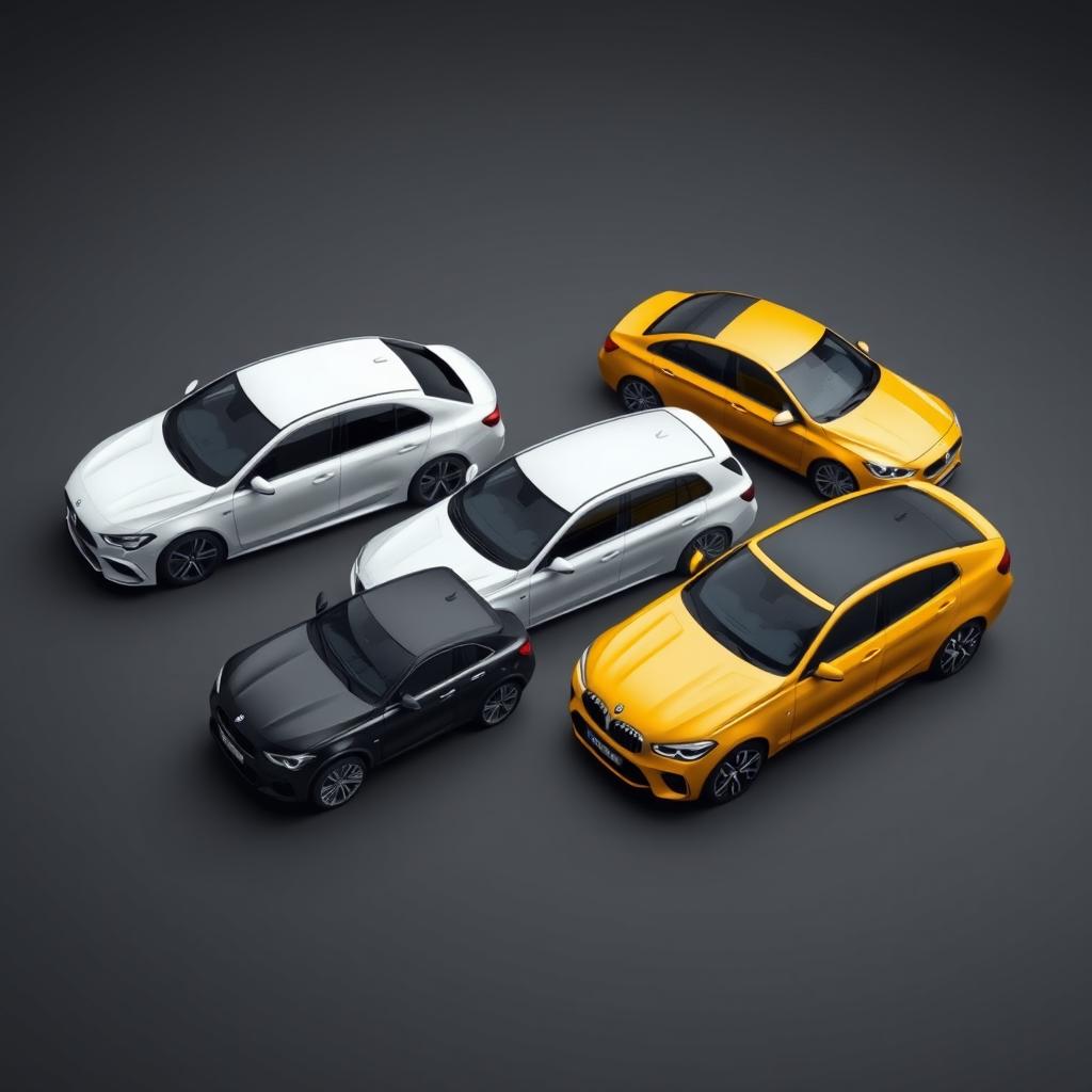 An elegant automotive scene featuring a sleek white Mercedes Clase A 200, a vibrant yellow Renault Megane, and a sophisticated black BMW X3, all parked diagonally on a smooth background that is subtly grayish-black