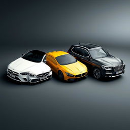 An elegant automotive scene featuring a sleek white Mercedes Clase A 200, a vibrant yellow Renault Megane, and a sophisticated black BMW X3, all parked diagonally on a smooth background that is subtly grayish-black
