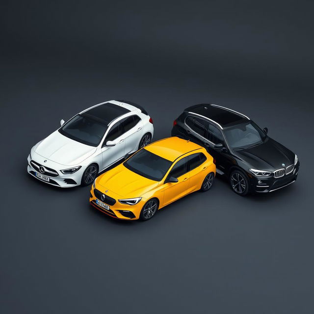 An elegant automotive scene featuring a sleek white Mercedes Clase A 200, a vibrant yellow Renault Megane, and a sophisticated black BMW X3, all parked diagonally on a smooth background that is subtly grayish-black