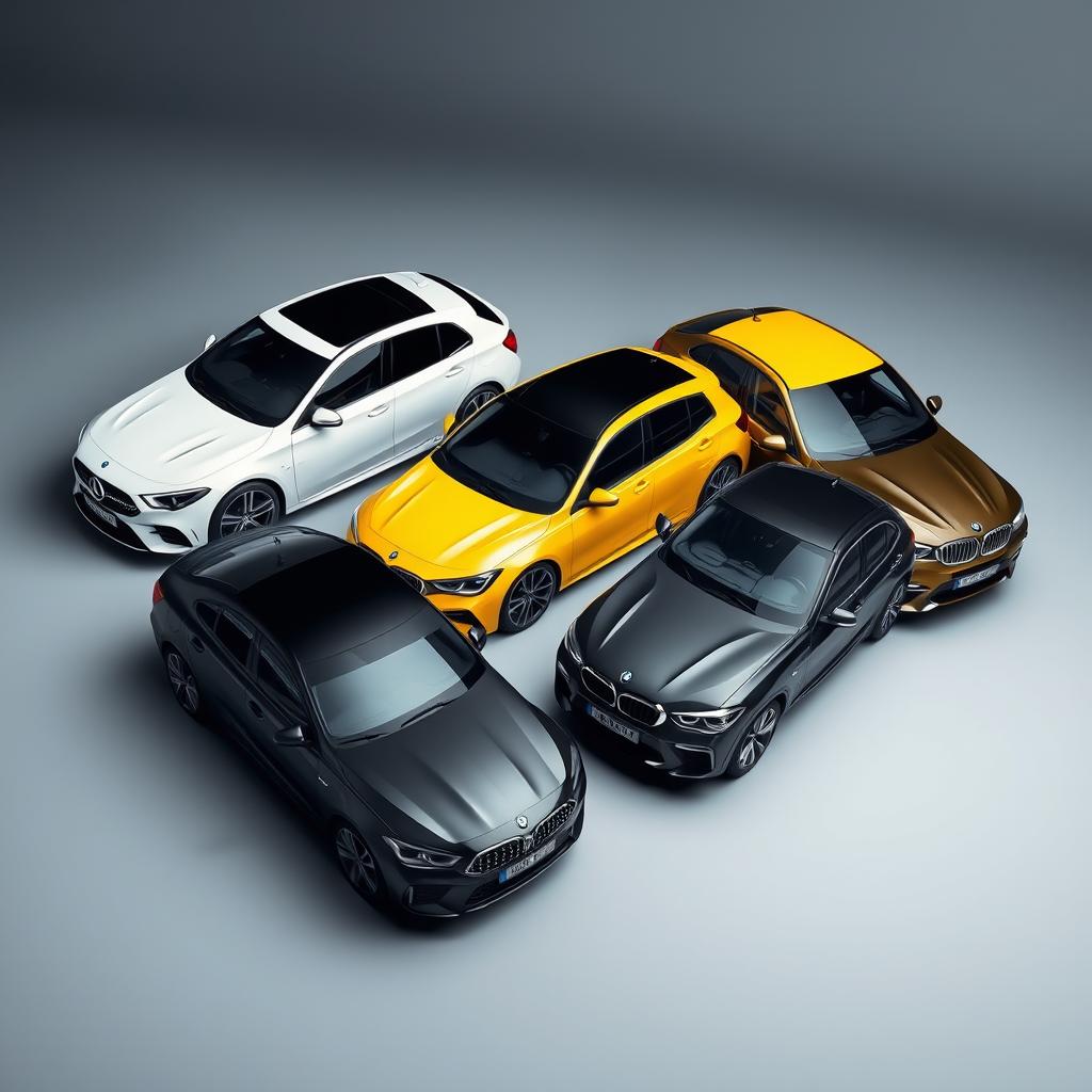 An eye-catching automotive scene featuring a sleek white Mercedes Clase A 200, a bright yellow Renault Megane, and a stylish black BMW X3, all parked diagonally on a smooth background that has a subtle light grayish-black tone