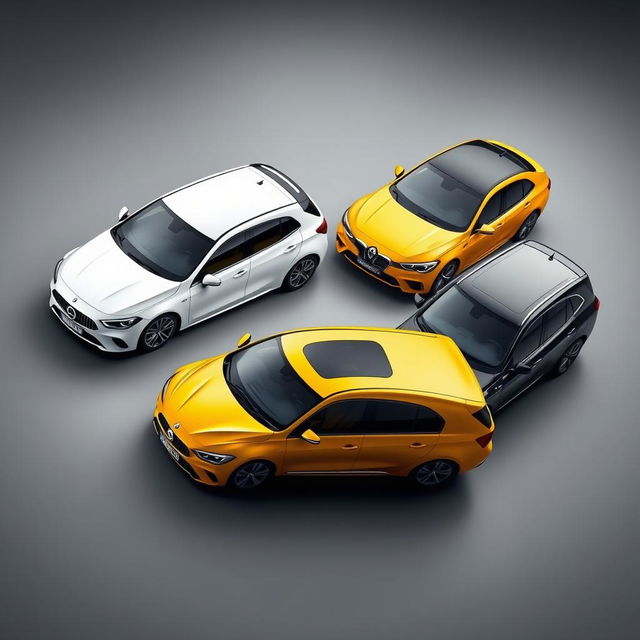 An eye-catching automotive scene featuring a sleek white Mercedes Clase A 200, a bright yellow Renault Megane, and a stylish black BMW X3, all parked diagonally on a smooth background that has a subtle light grayish-black tone