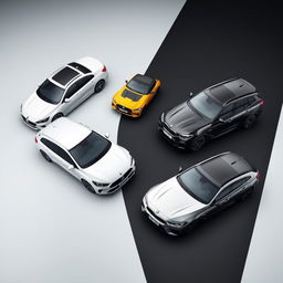 An eye-catching automotive scene featuring a sleek white Mercedes Clase A 200, a bright yellow Renault Megane, and a stylish black BMW X3, all parked diagonally on a smooth background that has a subtle light grayish-black tone