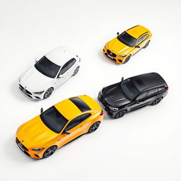 An appealing automotive composition featuring a sleek white Mercedes Clase A 200, a bright yellow Renault Megane, and a stylish black BMW X3, all parked diagonally on a smooth white background