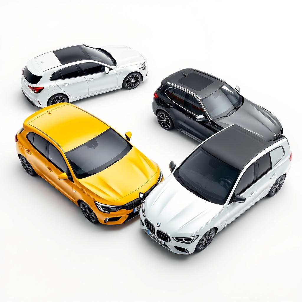 An appealing automotive composition featuring a sleek white Mercedes Clase A 200, a bright yellow Renault Megane, and a stylish black BMW X3, all parked diagonally on a smooth white background