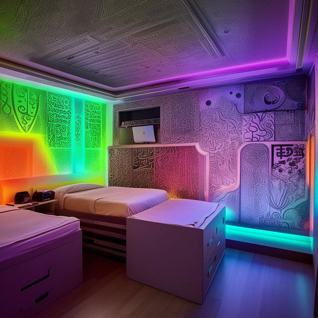 A 12 by 10 feet room housing two beds, a computer table, two windows acting as storage units, walls with intricate designs, a dedicated prayer area, and the room bathed in full RGB lighting