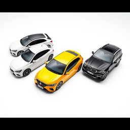 An appealing automotive composition featuring a sleek white Mercedes Clase A 200, a bright yellow Renault Megane, and a stylish black BMW X3, all parked diagonally on a smooth white background