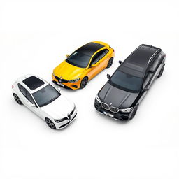 An appealing automotive composition featuring a sleek white Mercedes Clase A 200, a bright yellow Renault Megane, and a stylish black BMW X3, all parked diagonally on a smooth white background