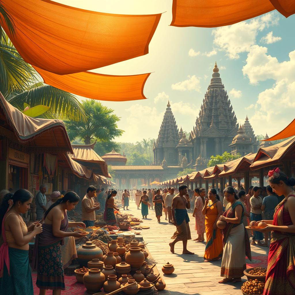 A stunning depiction of the Majapahit era, showcasing a bustling market scene in ancient Indonesia