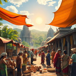 A stunning depiction of the Majapahit era, showcasing a bustling market scene in ancient Indonesia
