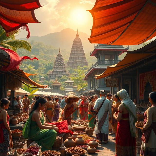 A stunning depiction of the Majapahit era, showcasing a bustling market scene in ancient Indonesia