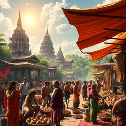A stunning depiction of the Majapahit era, showcasing a bustling market scene in ancient Indonesia