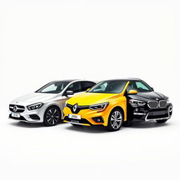 A sleek Mercedes Classe A 200 in a pristine white finish, a vibrant yellow Renault Megane, and a sporty black BMW X3, all parked diagonally in an artistic arrangement