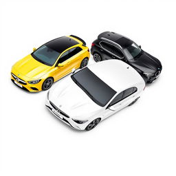 A sleek Mercedes Classe A 200 in a pristine white finish, a vibrant yellow Renault Megane, and a sporty black BMW X3, all parked diagonally in an artistic arrangement