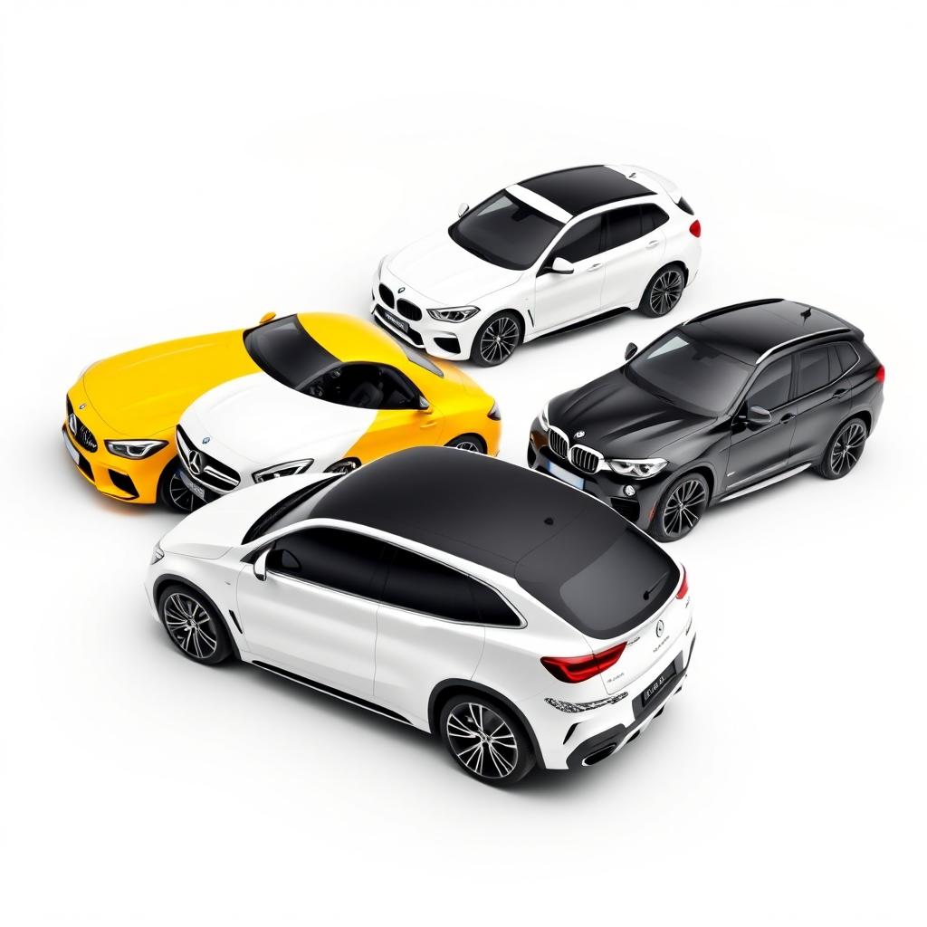 A sleek Mercedes Classe A 200 in a pristine white finish, a vibrant yellow Renault Megane, and a sporty black BMW X3, all parked diagonally in an artistic arrangement